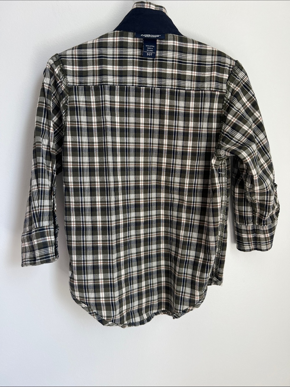 OshKosh B'gosh | 100% Cotton Olive Cream Navy Plaid Button-Down Shirt NWT Sz 3T - Picture 9 of 16